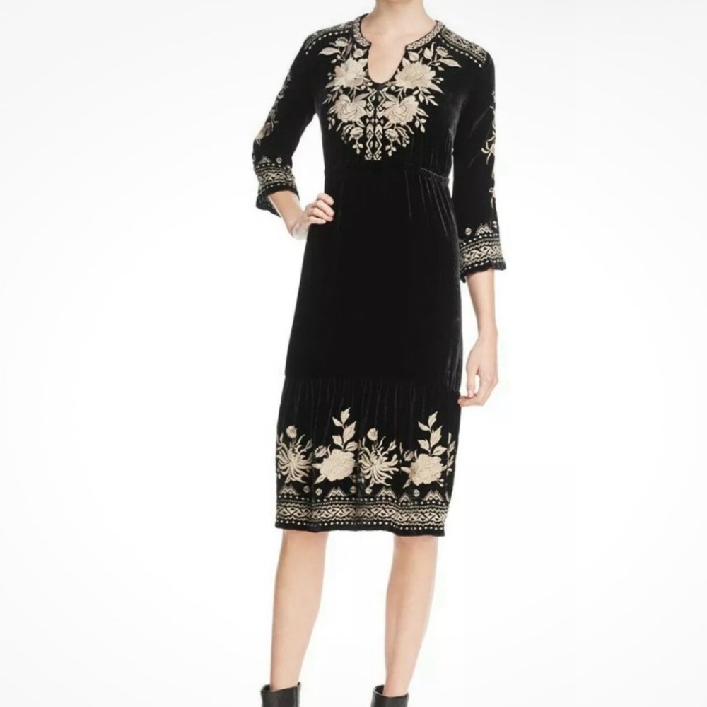 Johnny Was Black Magdalene Prairie Velvet Embroidered Long Sleeve Midi Dress M